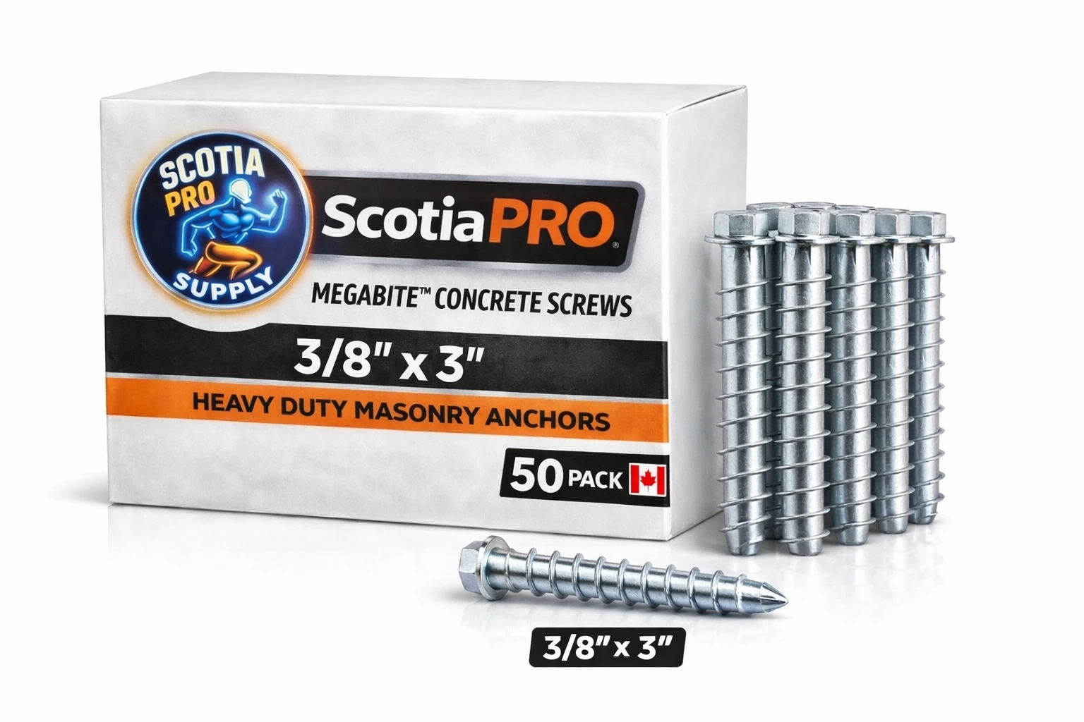 3/8x3 MegaBite Concrete Screws (50 Pack) Heavy Duty Masonry Anchors